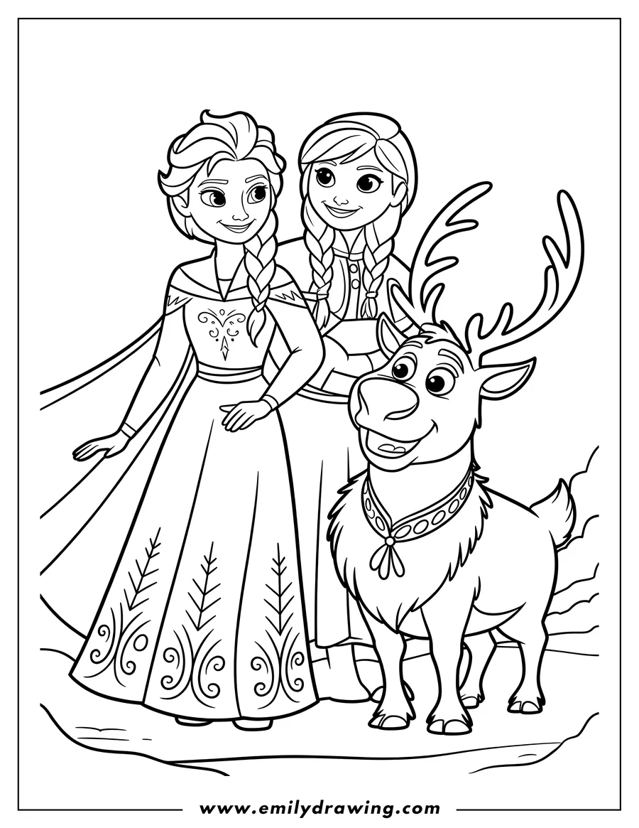 Line art of Elsa and Anna from Frozen with their reindeer friend Sven. Elsa wears her iconic long dress and Anna has her hair in braids. Sven the reindeer has a large collar with a flower.