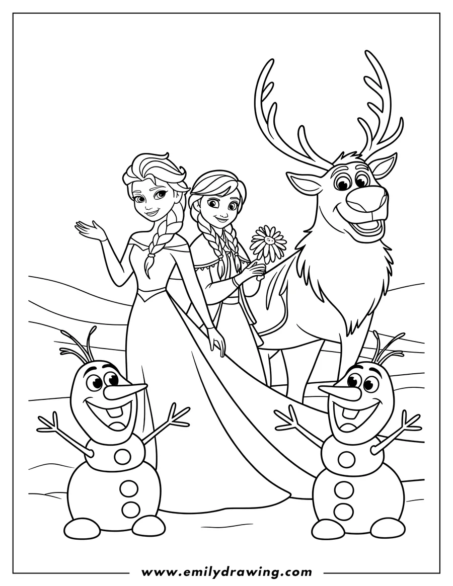 Elsa, Anna, Sven the reindeer, and two Olafs in a snowy landscape. Line art illustration ready to color.