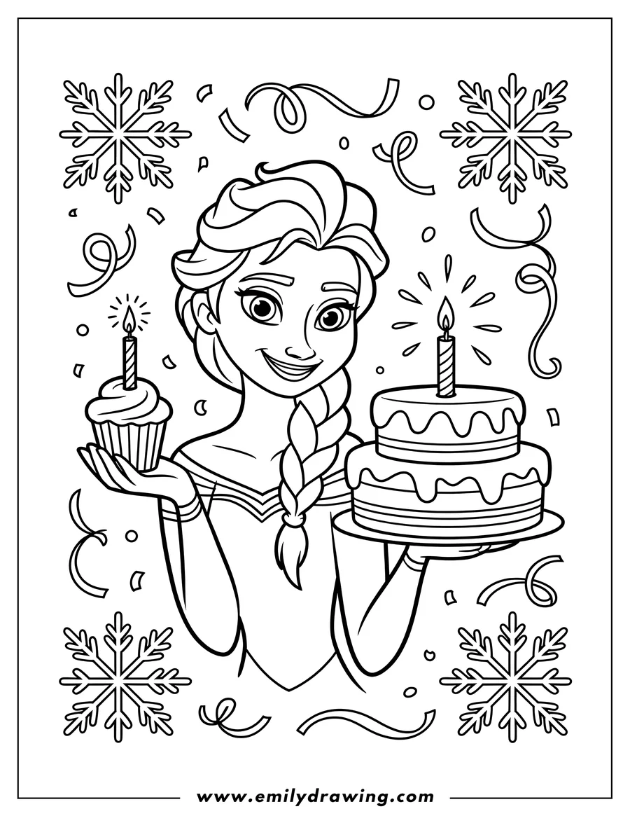 Line art of Elsa holding a birthday cake and a cupcake, surrounded by snowflakes and confetti.