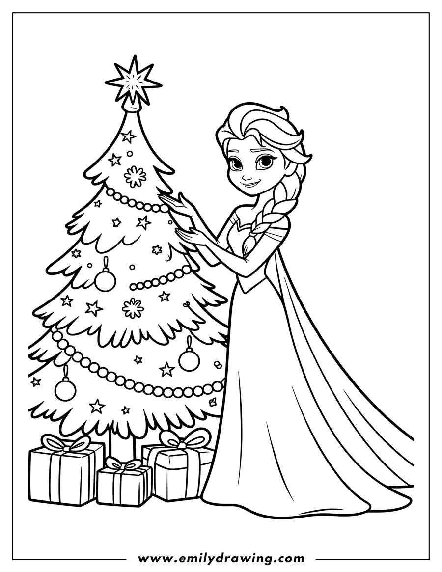 Line art of Elsa from Frozen decorating a Christmas tree with ornaments, stars, and beaded garlands. Presents are placed beneath the tree.