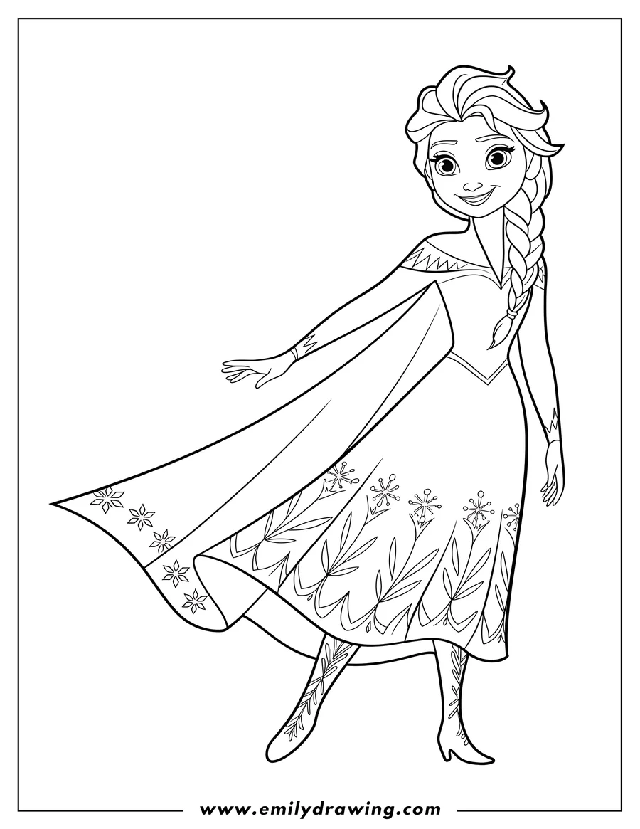Outline of Elsa from Frozen, with her flowing cape and dress decorated with snowflakes and leaf patterns.