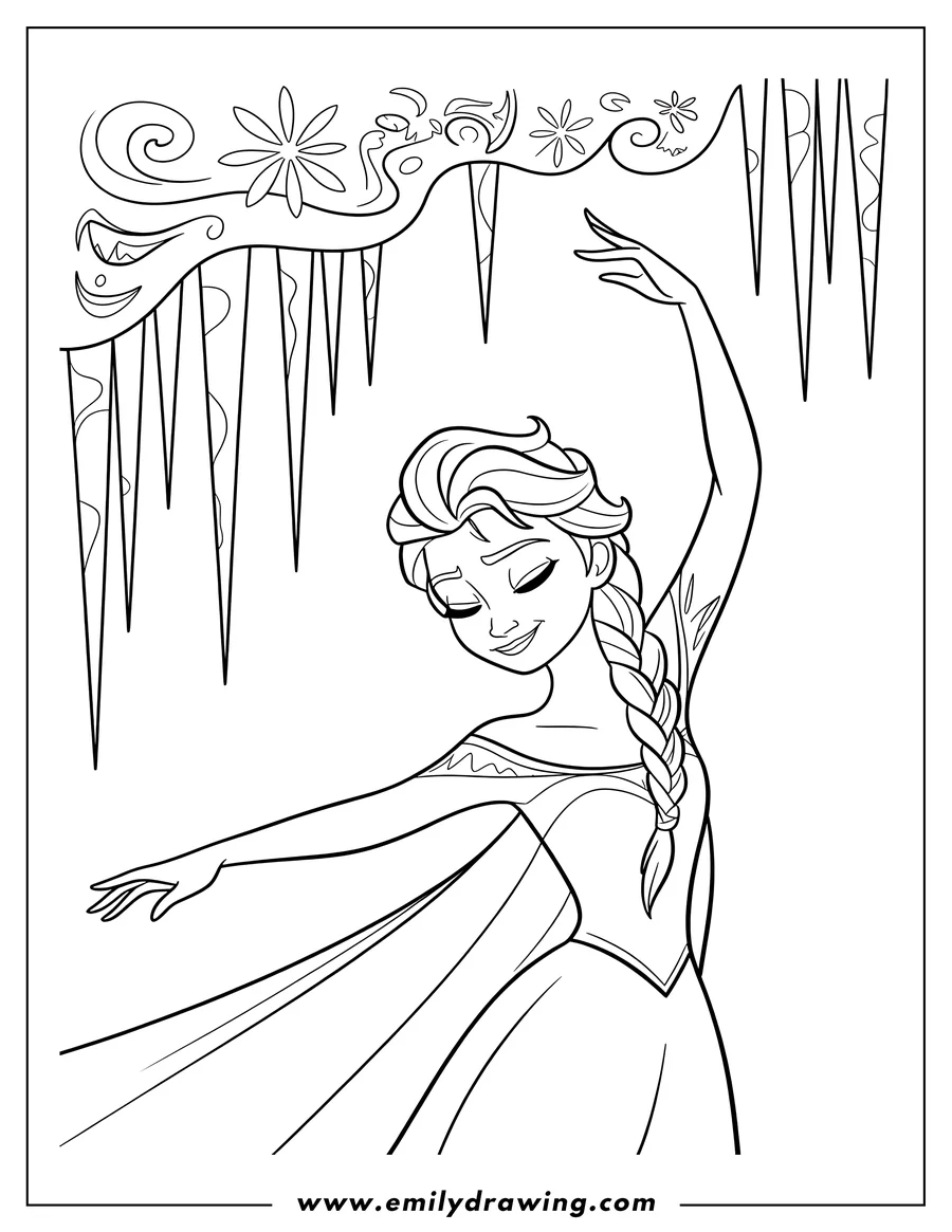Line art of Elsa from Frozen gracefully dancing with one arm raised and her dress flowing.