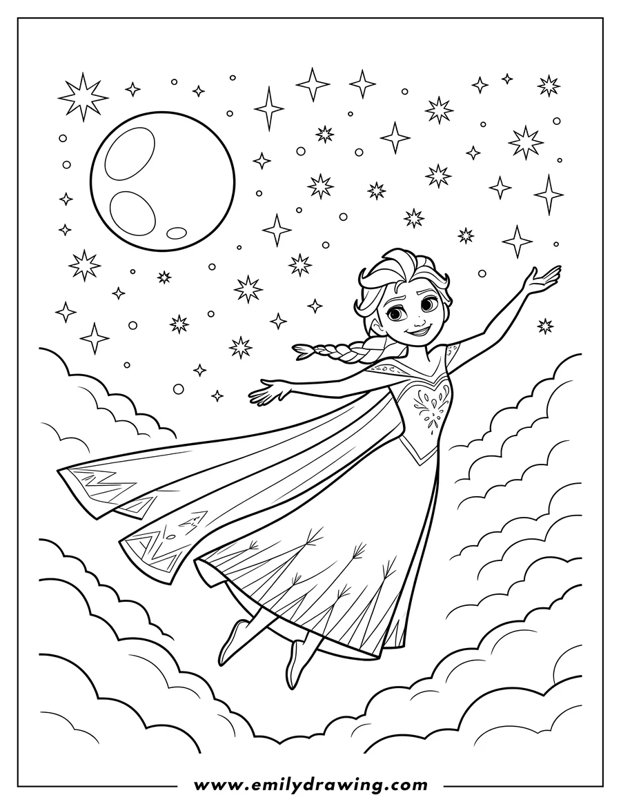 Elsa from Frozen flying in the night sky, wearing her snowflake dress. The moon and stars are visible behind her.