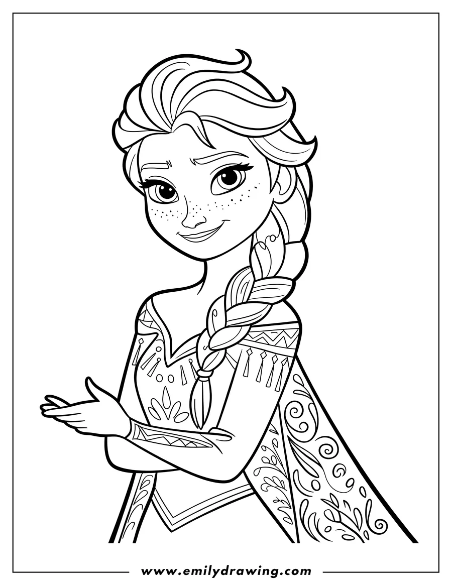 Outline of Elsa from Frozen with a gentle smile, wearing a decorated cape and her hair in a braid.