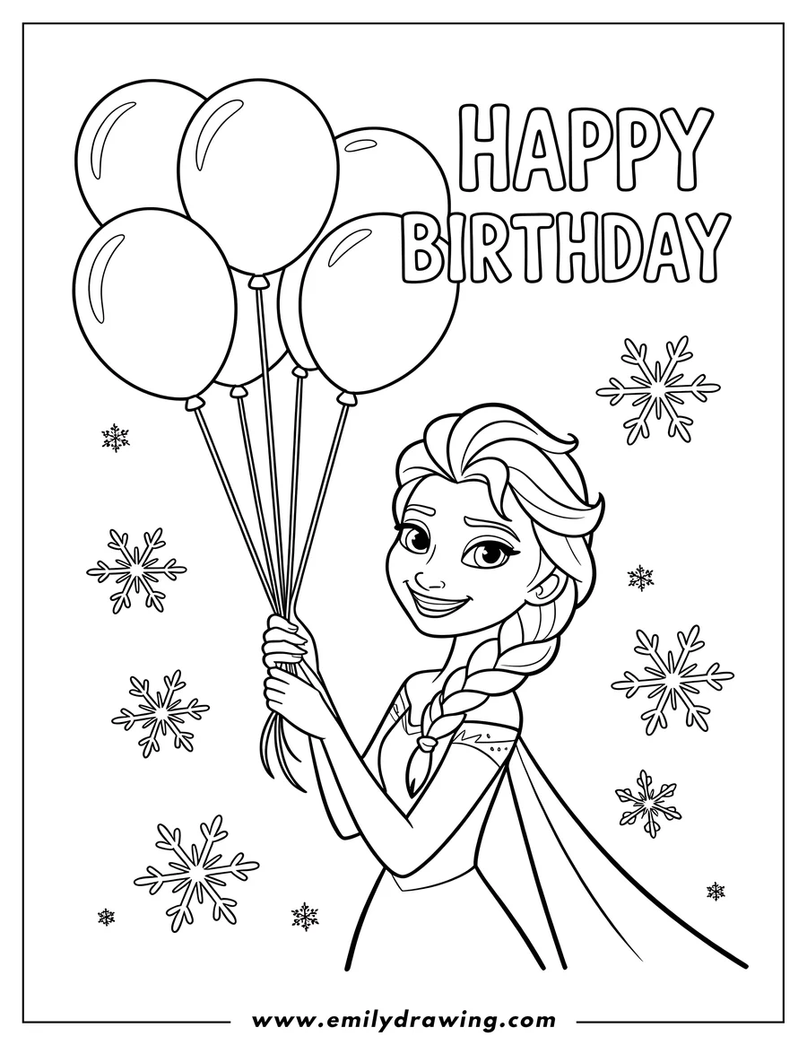 Line art of Elsa from Frozen holding a bunch of balloons with snowflakes in the background.
