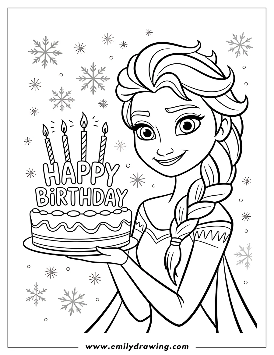 Outline of Elsa holding a birthday cake with candles and the words 'Happy Birthday'. Snowflakes decorate the background.