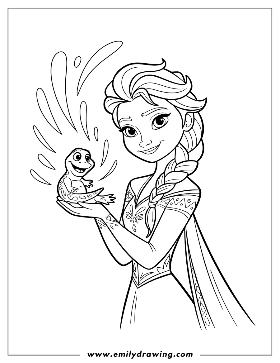 Outline of Elsa from Frozen gently holding Bruni the salamander in her hands. Decorative swirls suggest a magical setting.