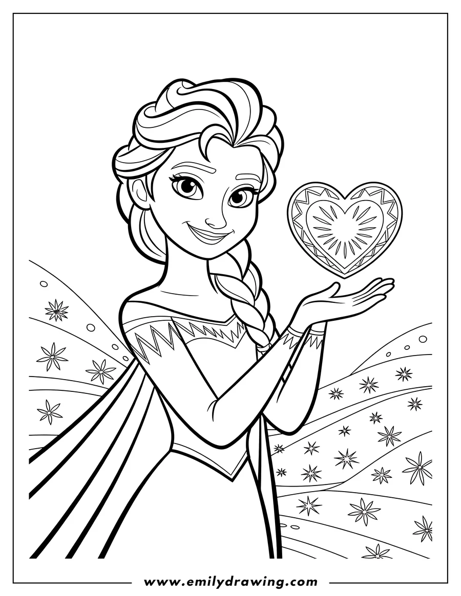 Line art of Elsa holding a decorated heart in her outstretched hand.