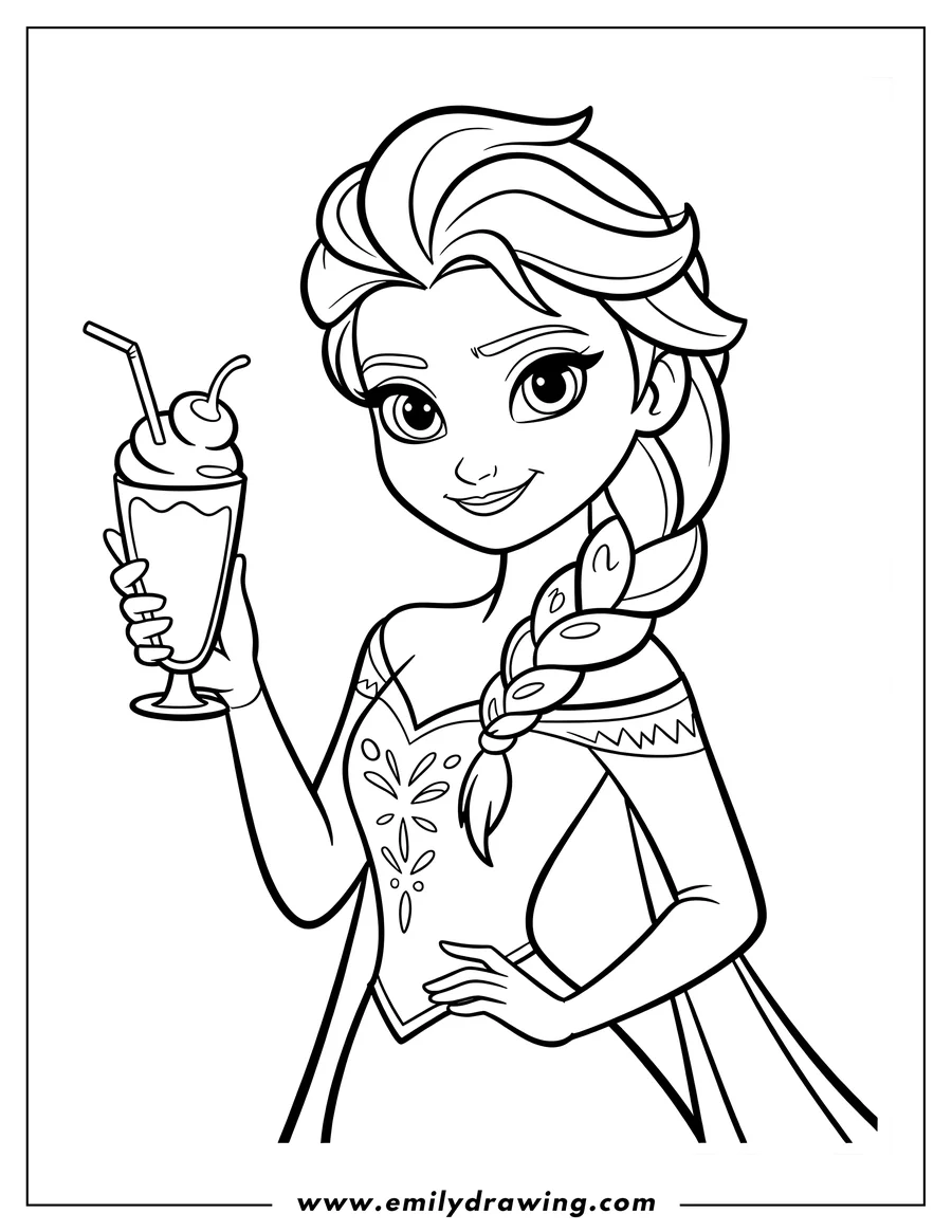Line art of Elsa from Frozen holding a milkshake with a cherry on top.