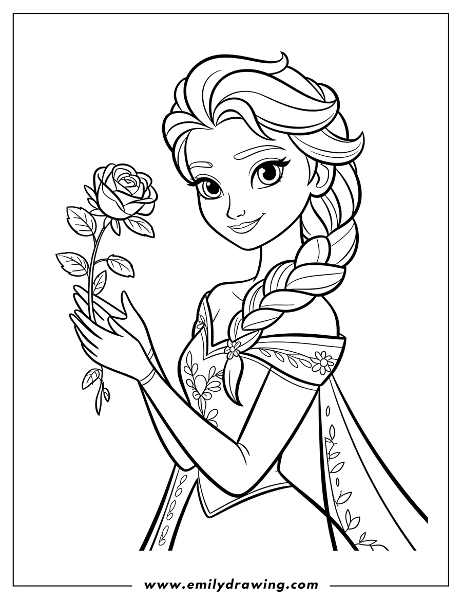 Line art of Elsa holding a rose. She has a long braid and is wearing a dress with floral details on the shoulder.