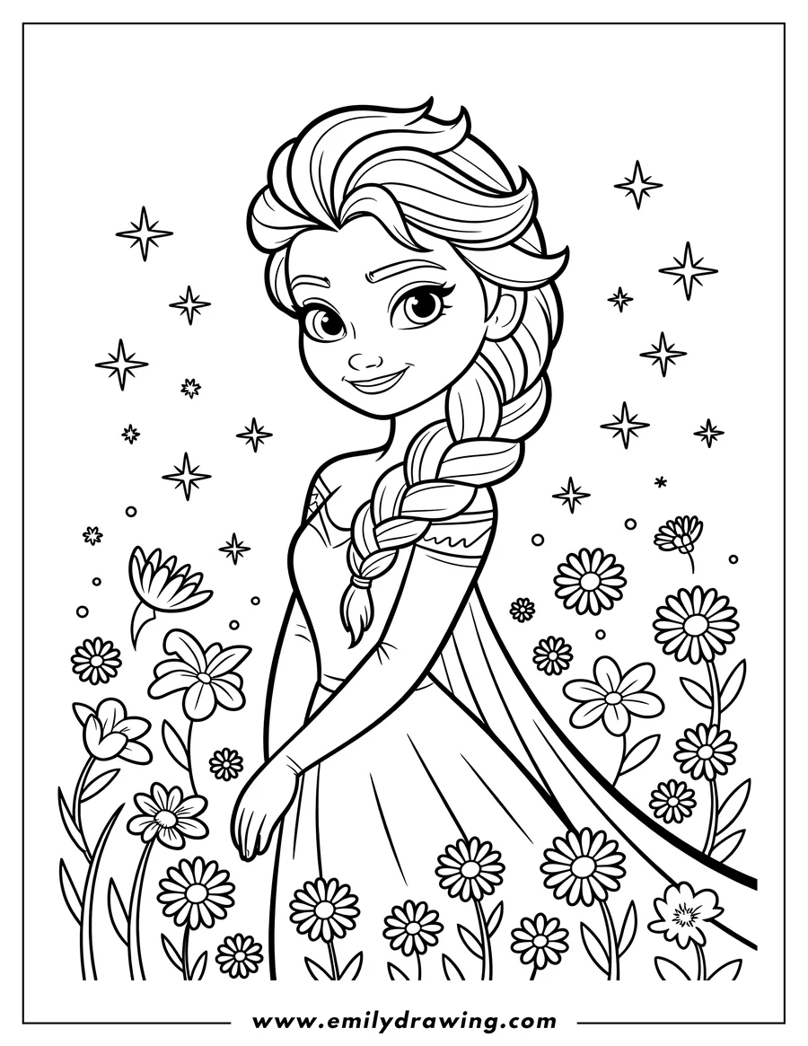 Outline of Elsa from Frozen standing in a field of various flowers and small star shapes around her.
