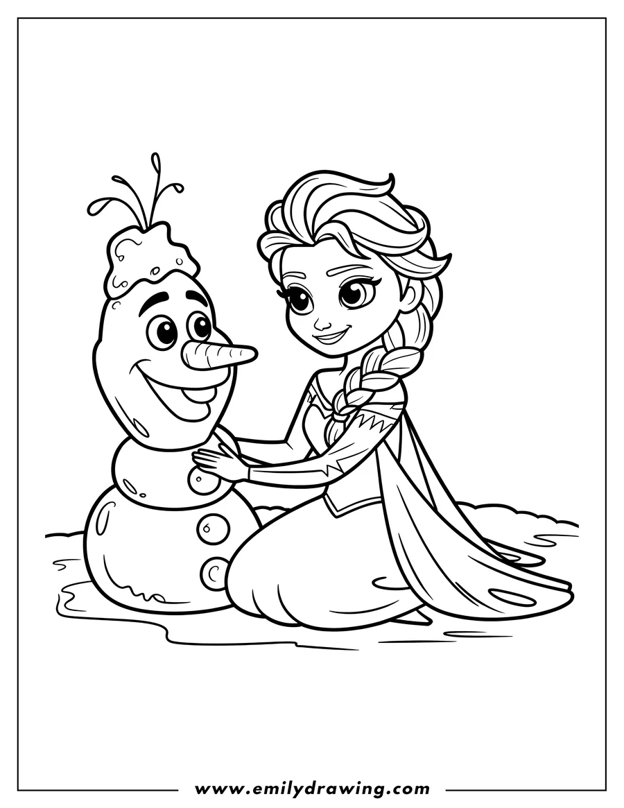Elsa sits with a melting Olaf. She's wearing a long dress and has her hand on Olaf's belly. Olaf looks up at Elsa, concerned that he is melting.