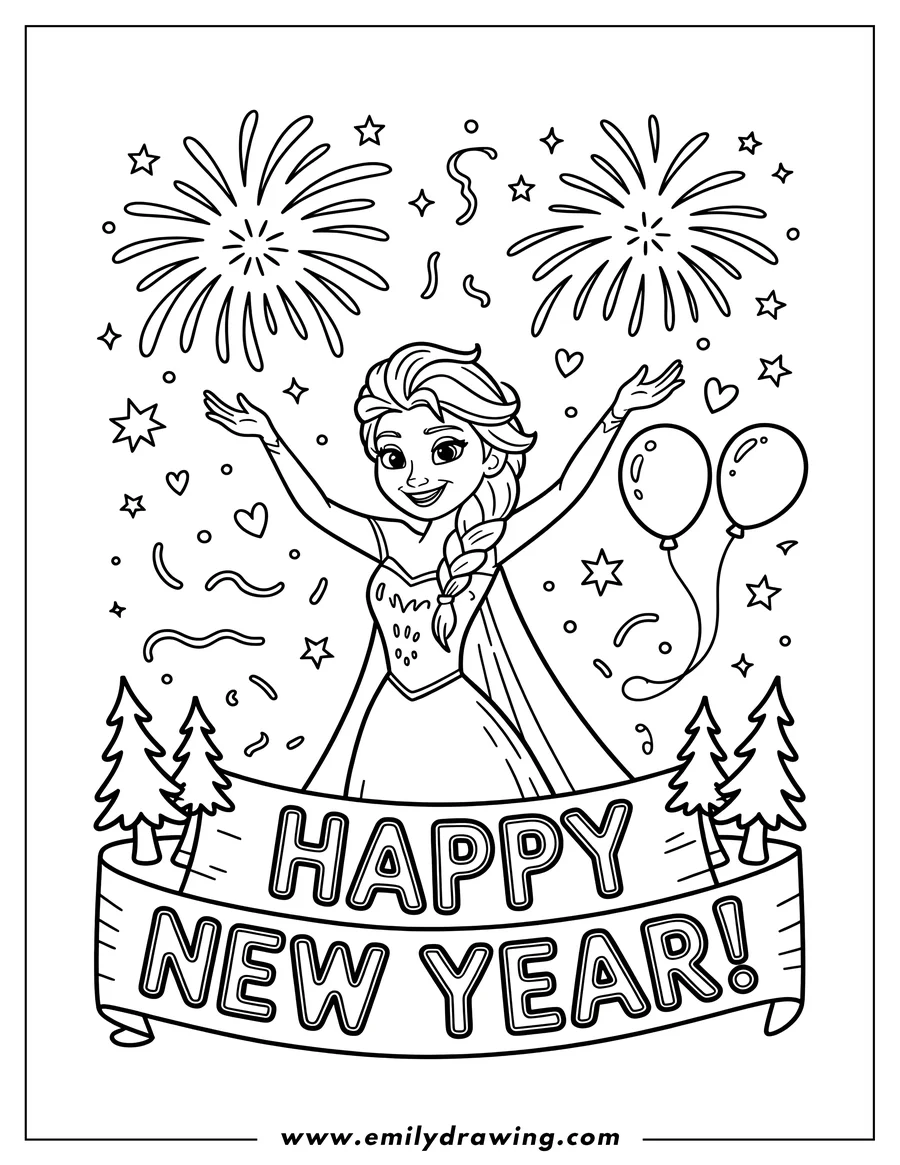 Line art of Elsa with balloons, celebrating New Year with fireworks behind her. There are two pine trees below a 'Happy New Year' banner.