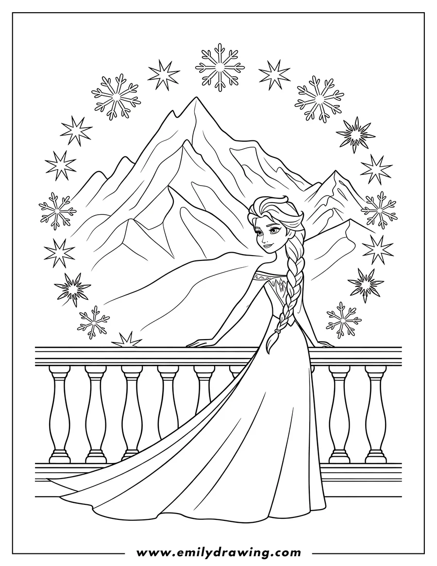 Elsa standing on a balcony, her hand resting on the railing, with a view of snowy mountains and falling snowflakes in the background.