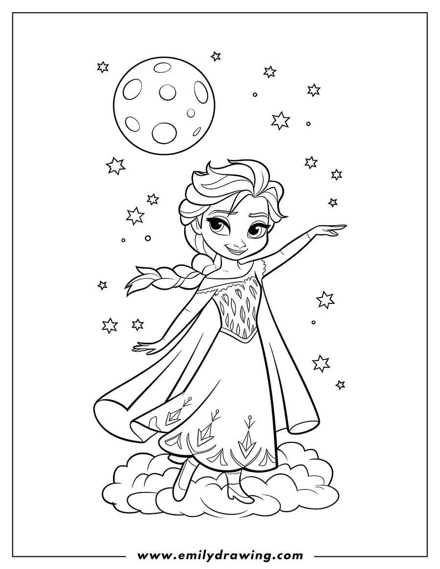 Elsa from Frozen standing on a cloud, pointing with one arm raised against a starry night sky with a large moon.