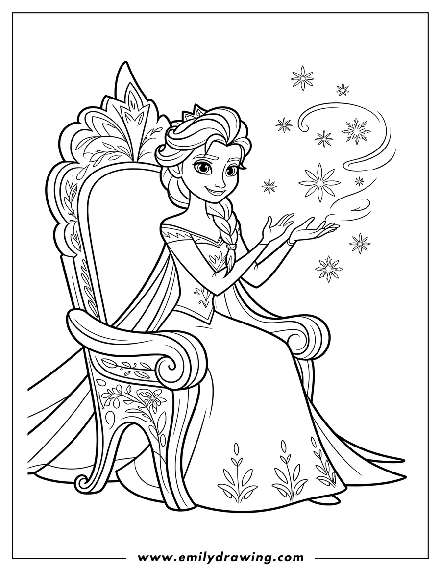 Elsa from Frozen gracefully sitting on an ornate throne, conjuring snowflakes.  She wears her iconic dress and has a braided hairstyle.