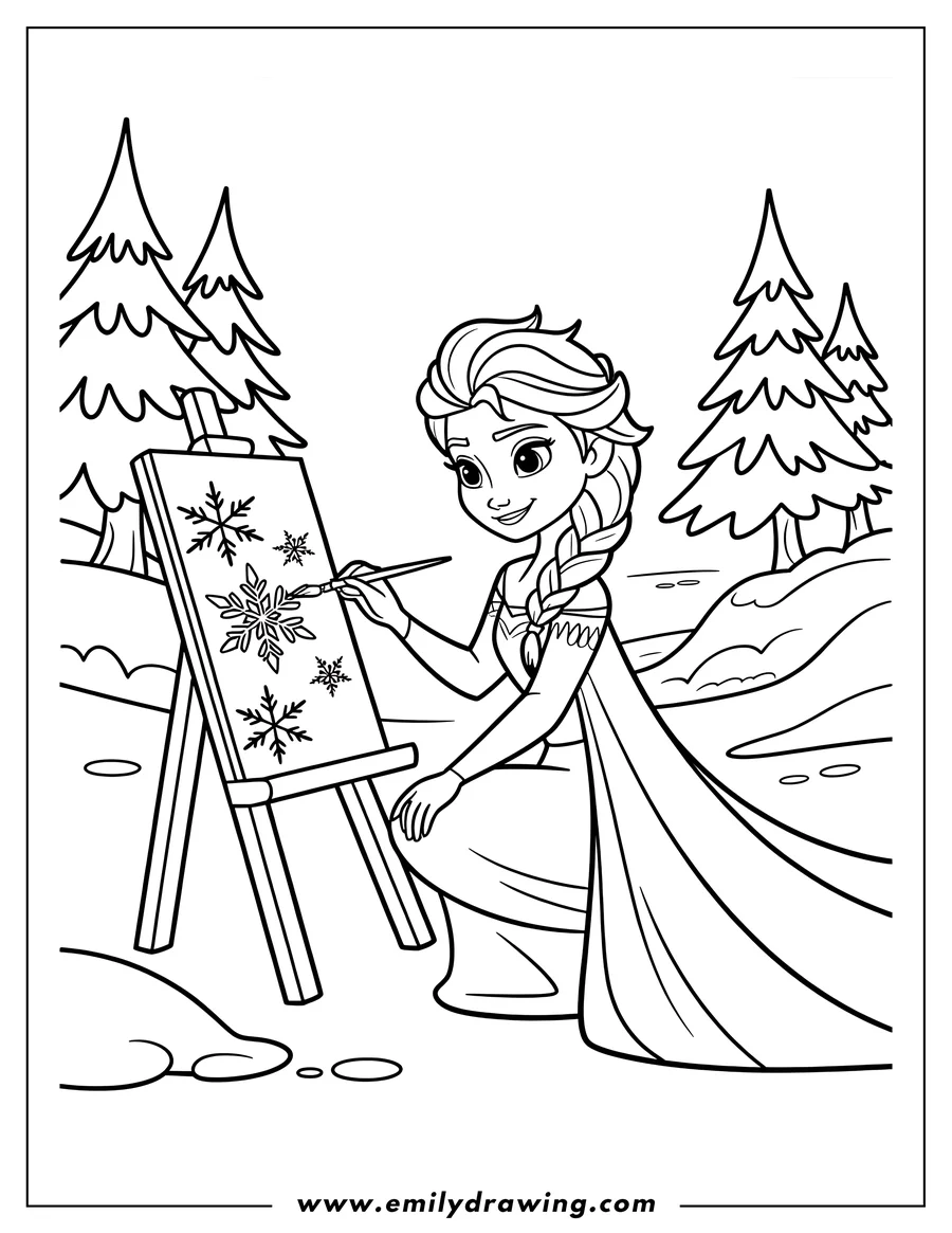 Line art of Elsa painting snowflakes on a canvas near some pine trees.