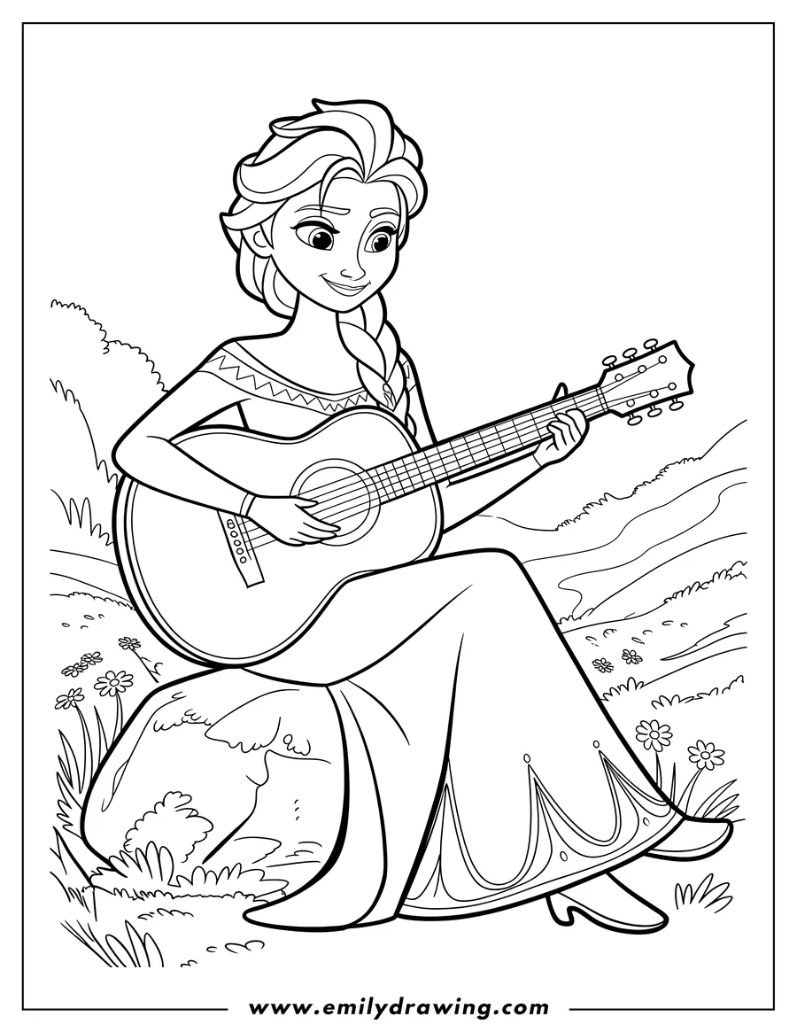 Line art of Elsa from Frozen playing an acoustic guitar in a field of flowers.