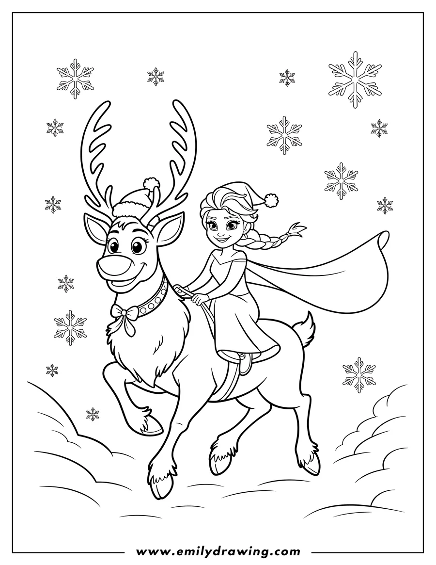 Outline of Elsa riding a reindeer through a snowy landscape. Snowflakes fall around them. Elsa wears a winter hat and cape.