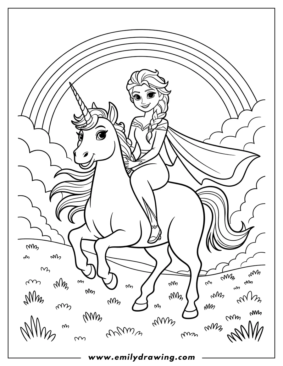 Line art of Elsa riding a unicorn beneath a rainbow.  Tufts of grass are visible at their feet.
