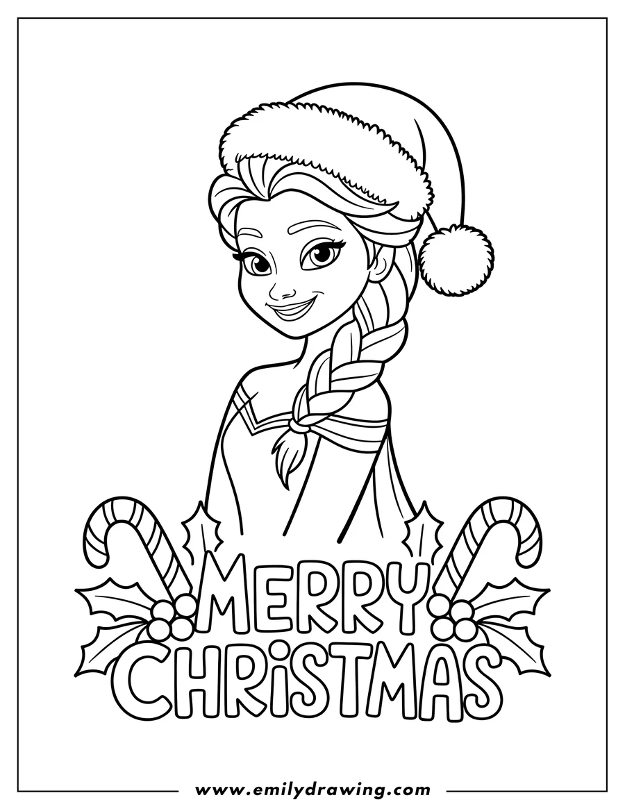 Elsa wearing a Santa hat and framed by festive holly and candy canes with Merry Christmas written below
