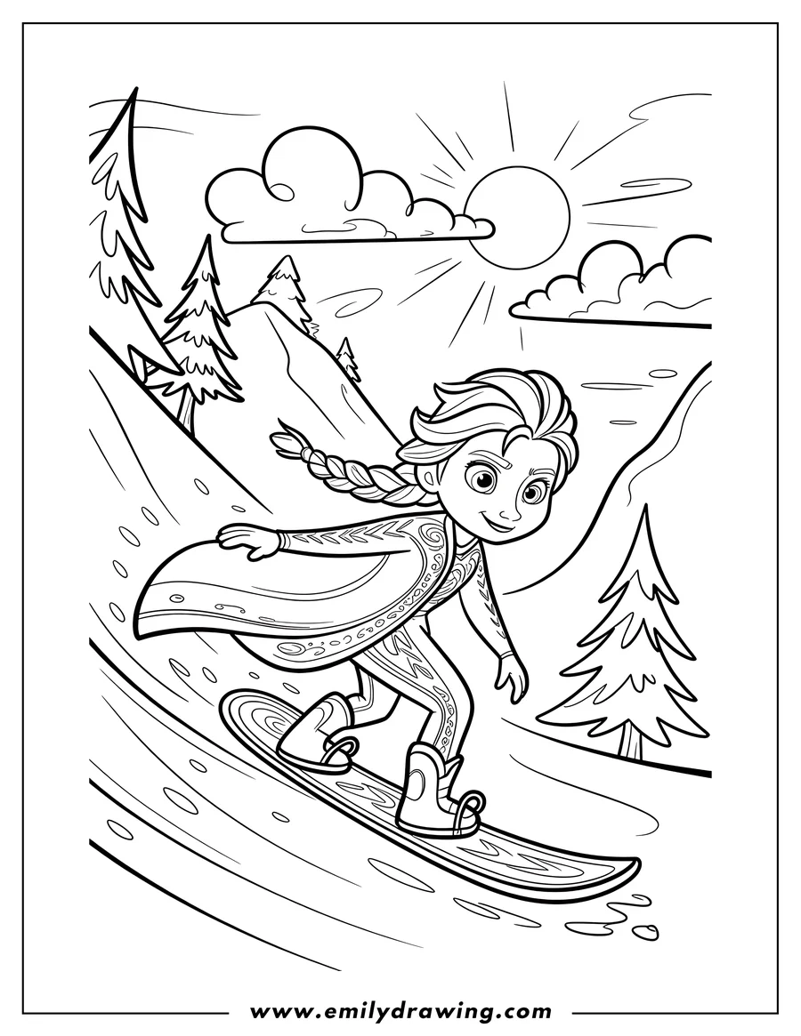 Elsa from Frozen snowboarding down a hill, with trees and a bright sun in the background.
