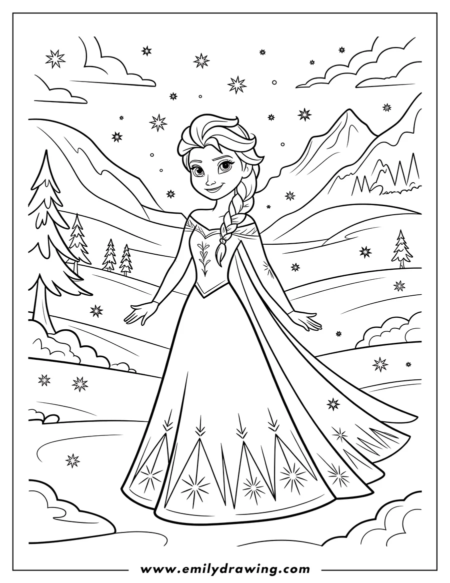 Outline of Elsa from Frozen in a snowy mountain landscape. She wears a long, flowing gown and has her signature braided hairstyle.