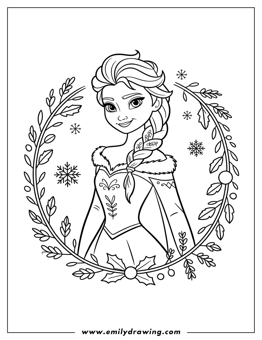 Outline of Elsa from Frozen inside a decorative winter wreath with snowflakes and leaves.