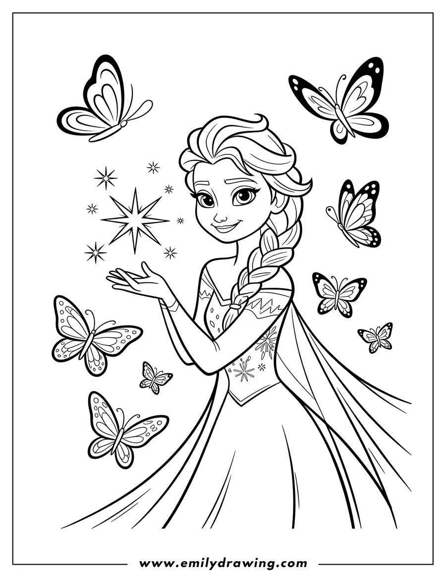Line art of Elsa from Frozen with butterflies and a star in her hand.