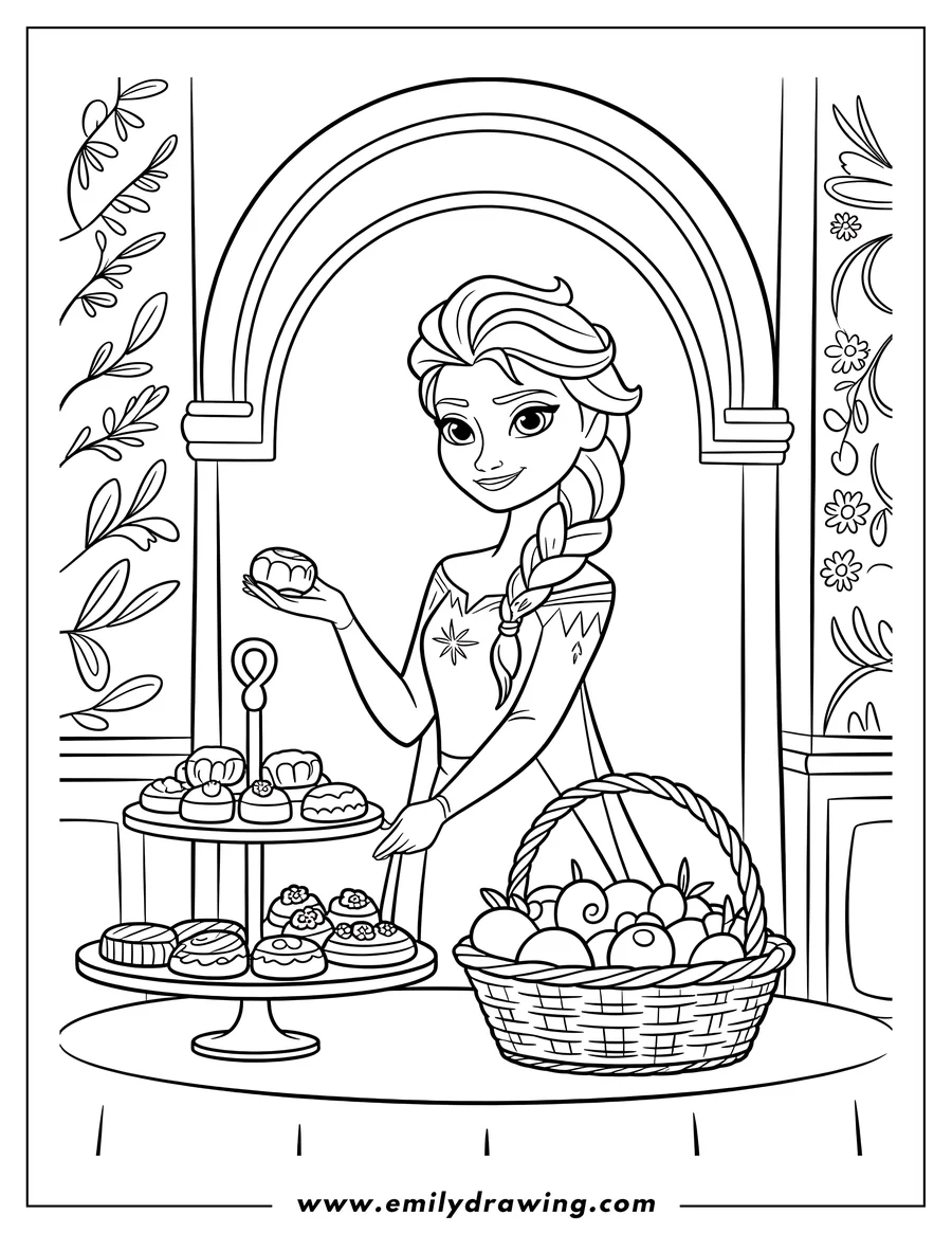 Line art of Elsa from Frozen holding a cake, with a two-tiered cake stand and a basket of fruit on the table.