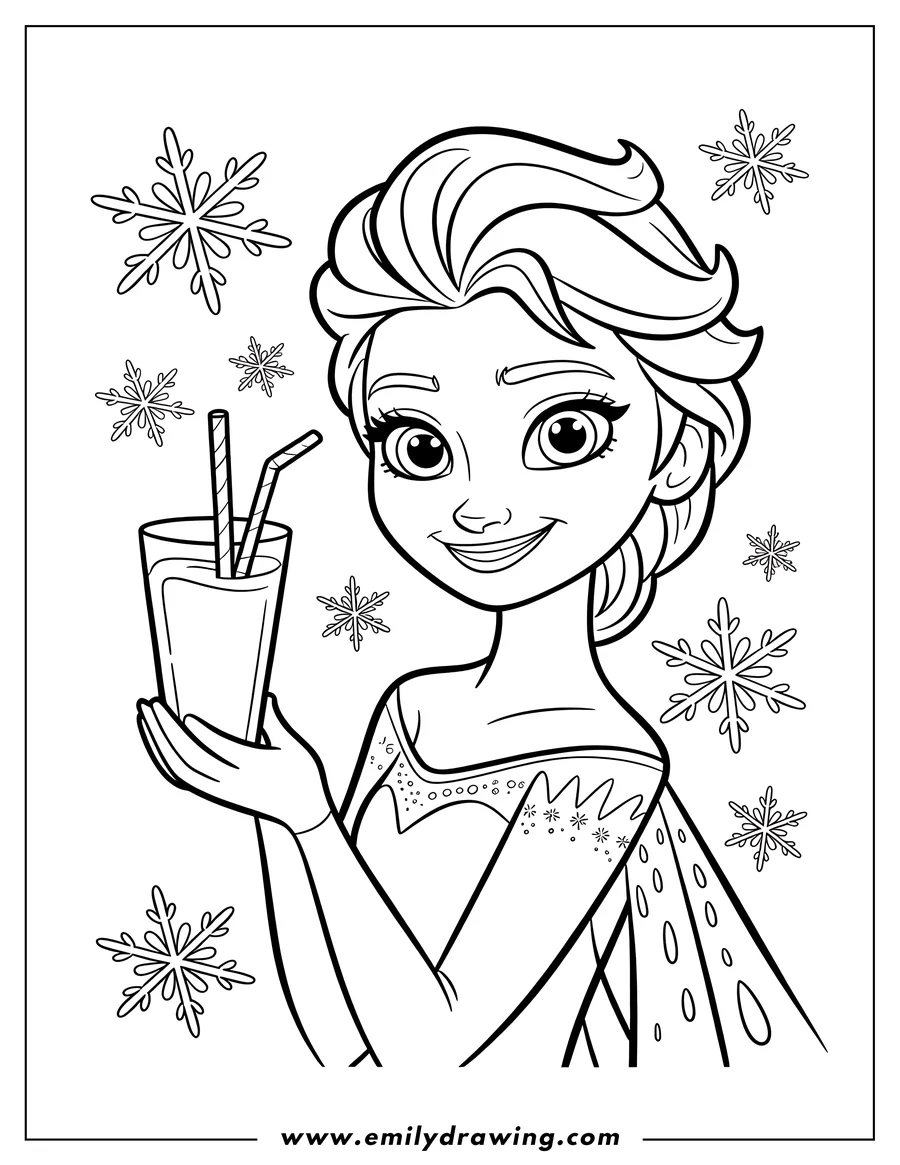 Outline of Elsa from Frozen holding a glass with two straws and snowflakes in the background.