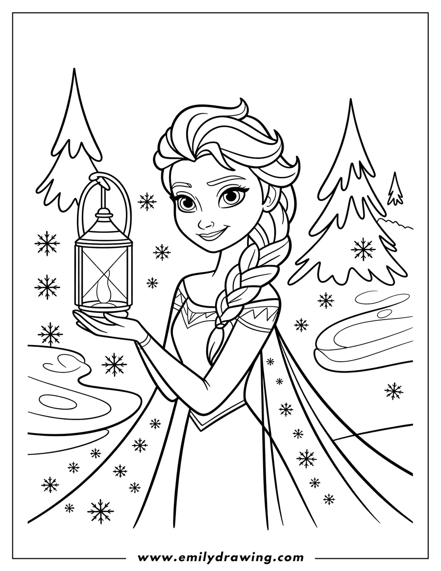 Line art of Elsa from Frozen holding a lantern. Snowflakes and pine trees in the background suggest a wintery scene.