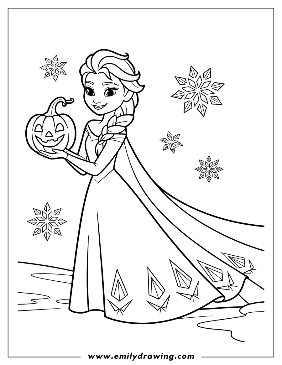 Line art of Elsa holding a jack-o'-lantern with snowflakes in the background.