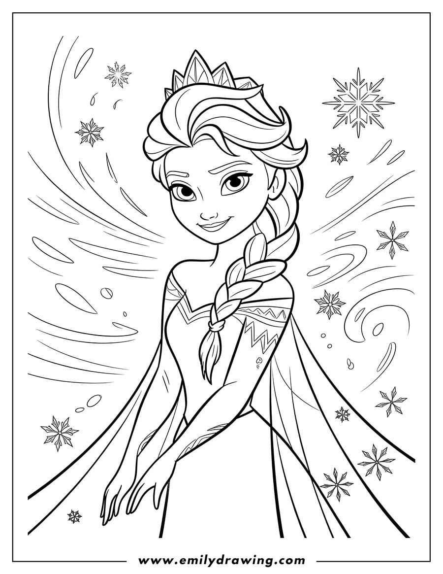 Line art of Elsa from Frozen, with her iconic braid and dress, amidst swirling snowflakes.