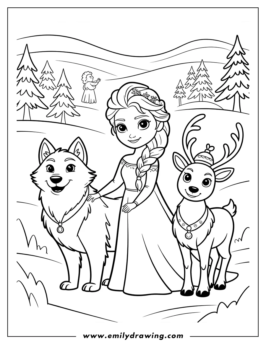Elsa with her animal companions, a wolf and Sven the reindeer, in a snowy forest setting.