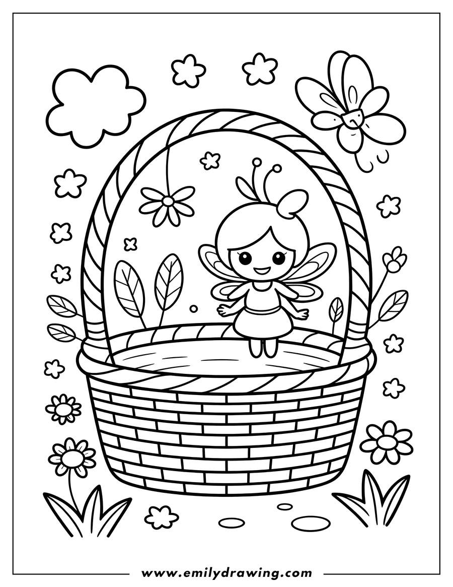 Outline of a small fairy standing inside a large woven basket, surrounded by flowers and leaves.