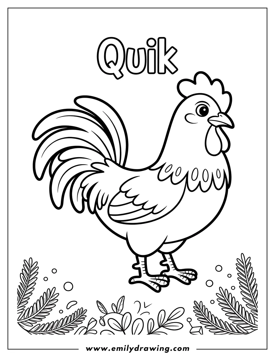 Line art of a rooster with large, prominent tail feathers. It stands on simple ground with decorative leaves and circles around its feet.  The word 