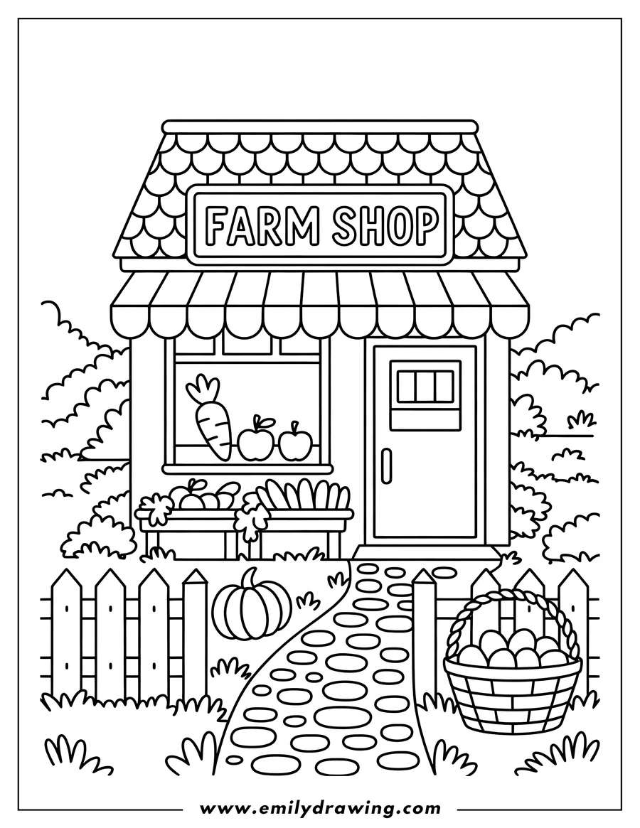Line art illustration of a farm shop with various produce displayed and a basket of apples by the fence. 