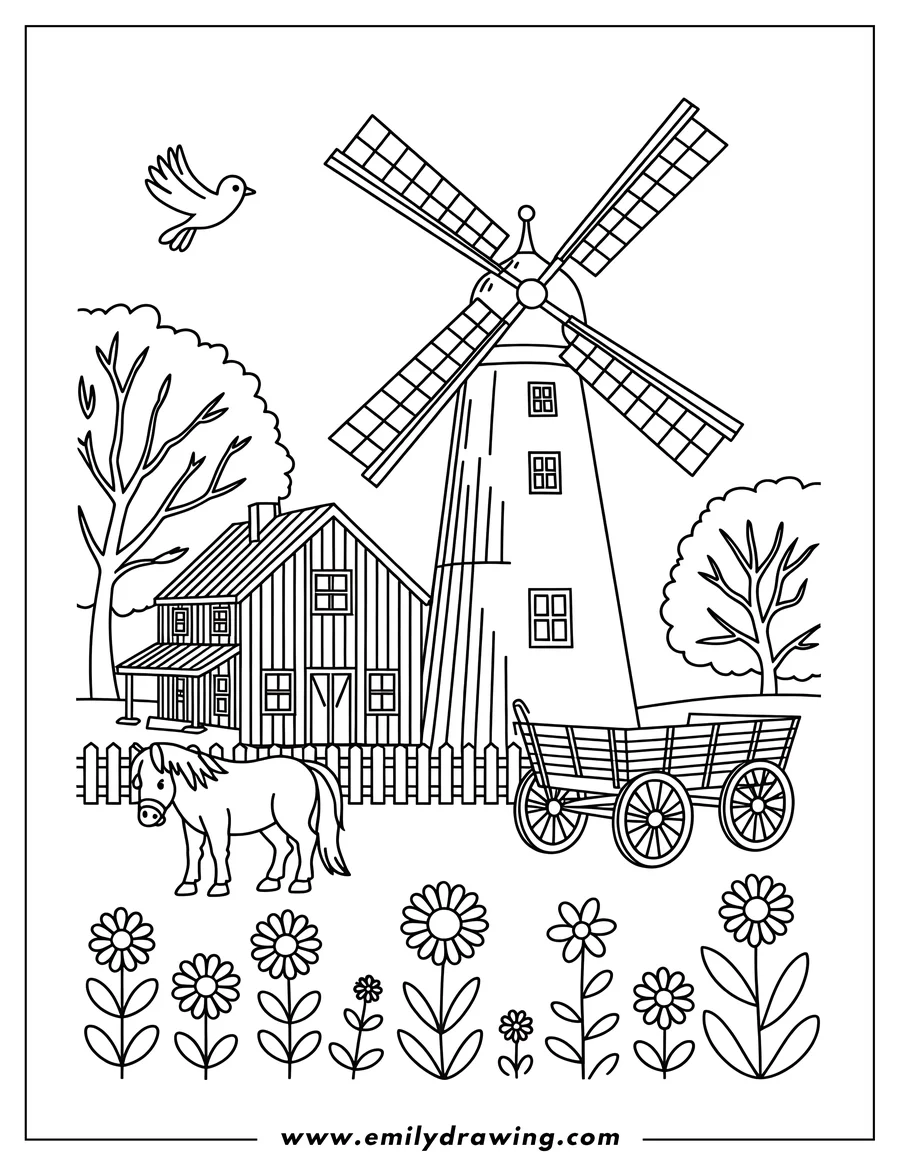 Line art of a farm scene with a pony by a fence, a farmhouse, a windmill, a wagon, and flowers.