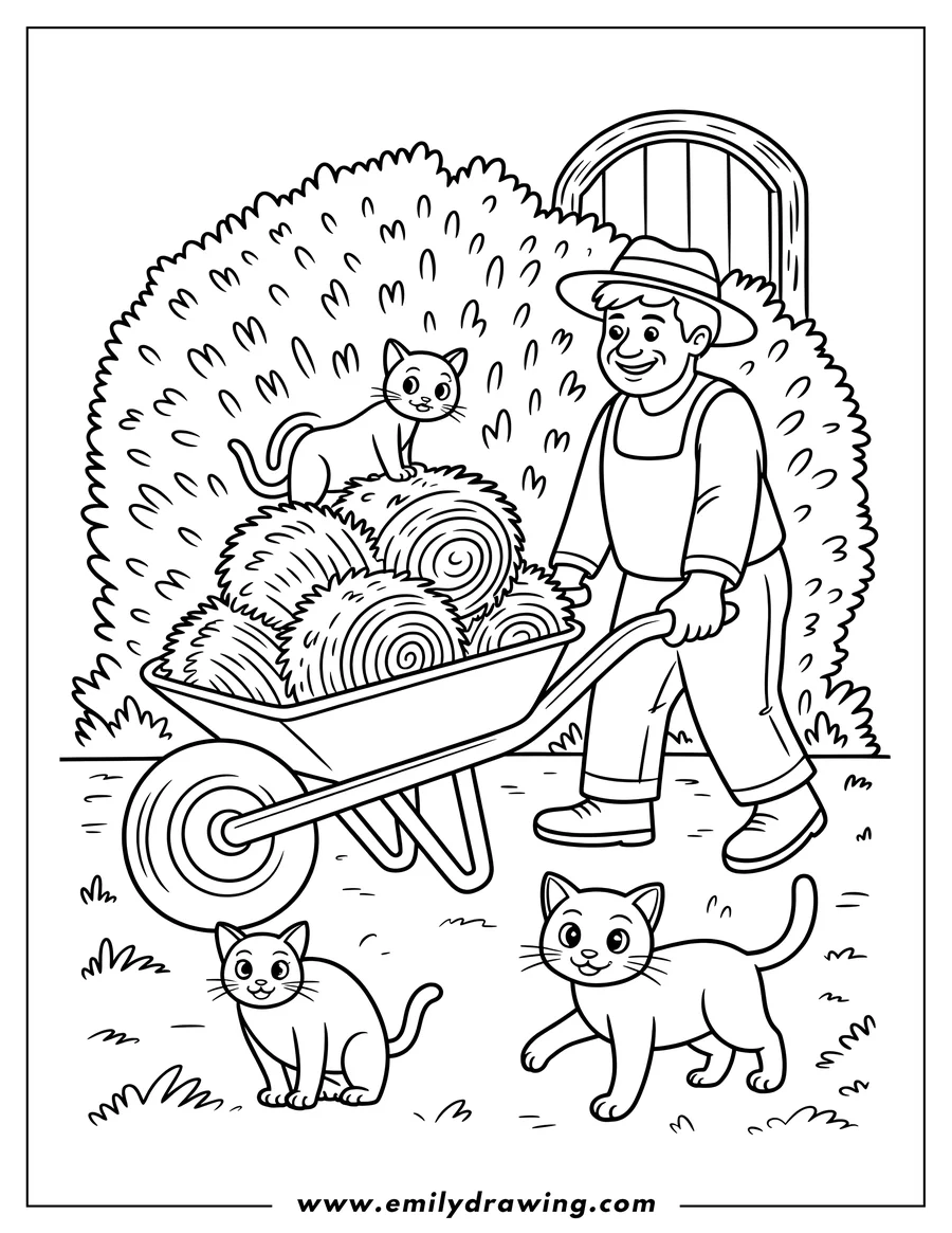 Line art of a farmer pushing a wheelbarrow full of hay, with three cats nearby, one riding on the hay.