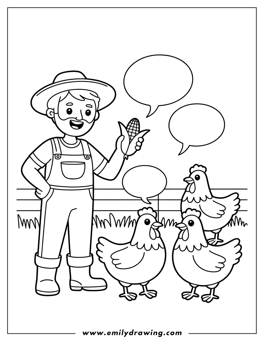 Line art of a farmer holding corn, facing three chickens on a farm.