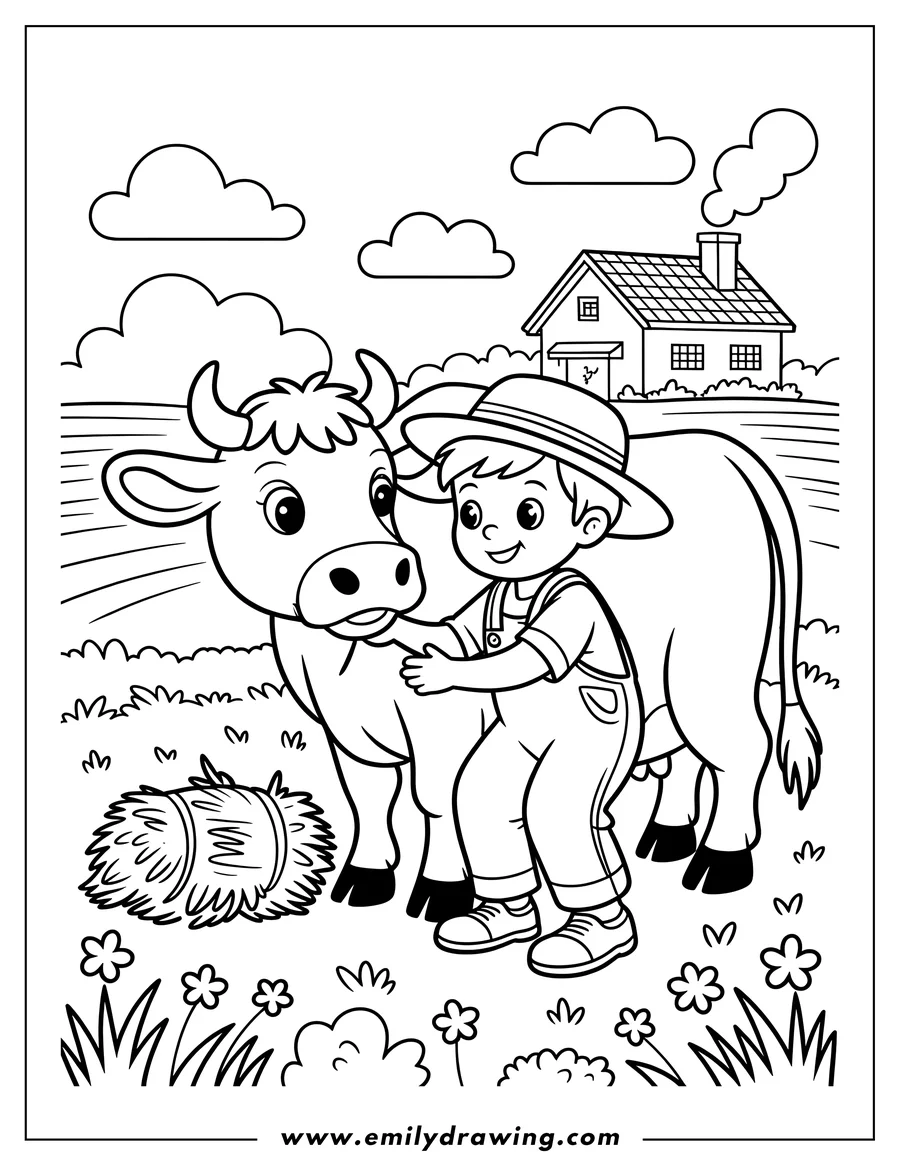 Outline of a farmer petting a cow on the farm. There's a bale of hay and a farmhouse in the background.
