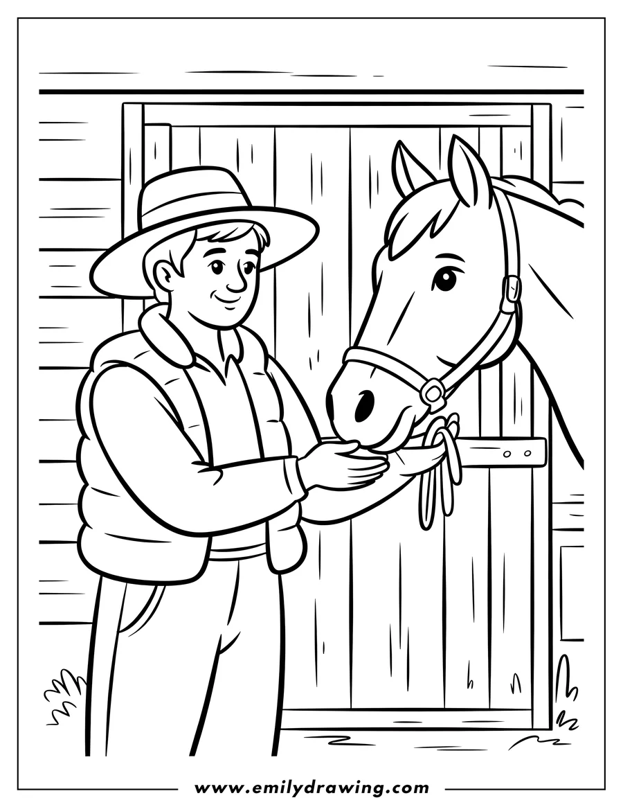 Line art of a farmer and horse in a stable. The farmer, wearing a hat and vest, stands by the stable door, reaching out to the horse's head.