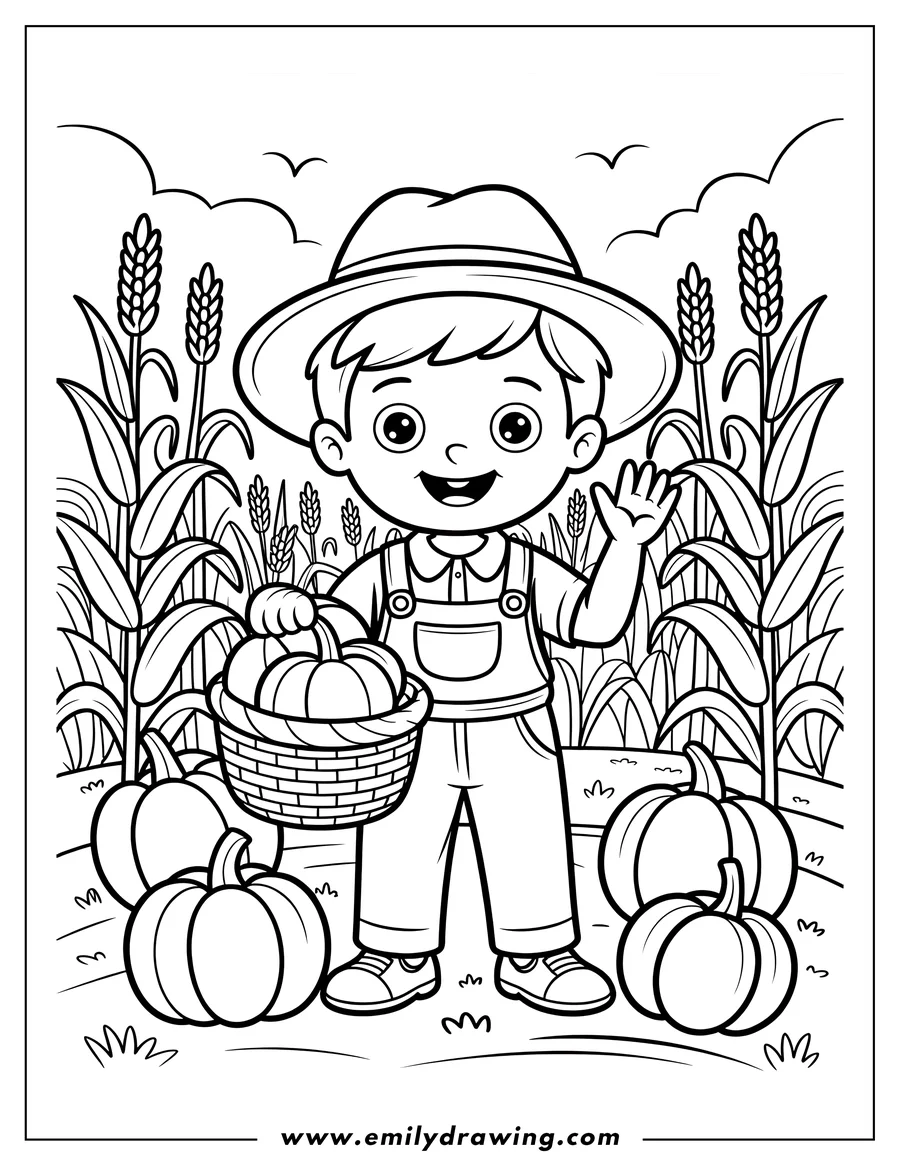 Line art of a young boy dressed as a farmer, holding a basket of pumpkins in a field. More pumpkins sit on the ground around him.