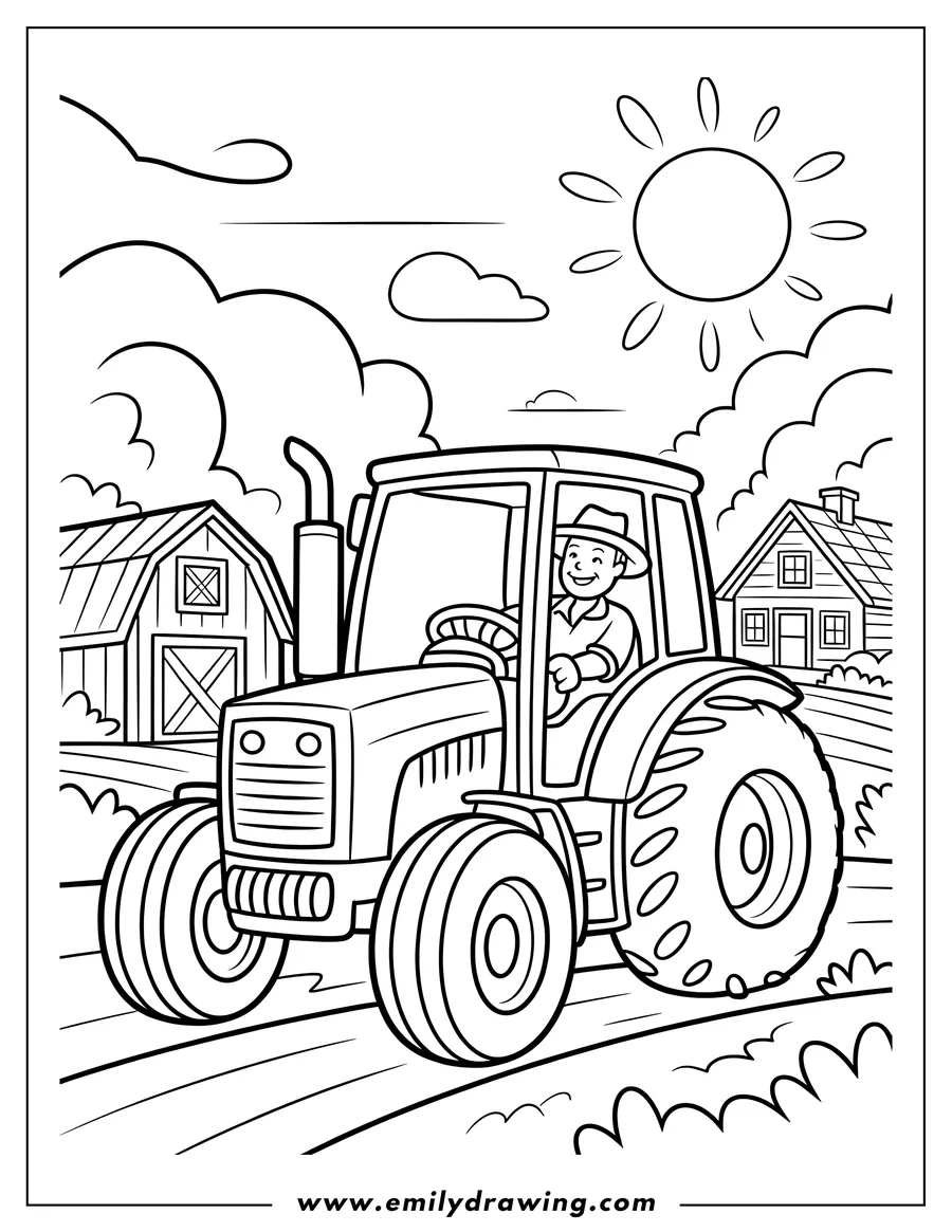 Line art of a farmer driving a tractor on a farm, with a barn and farmhouse in the background.