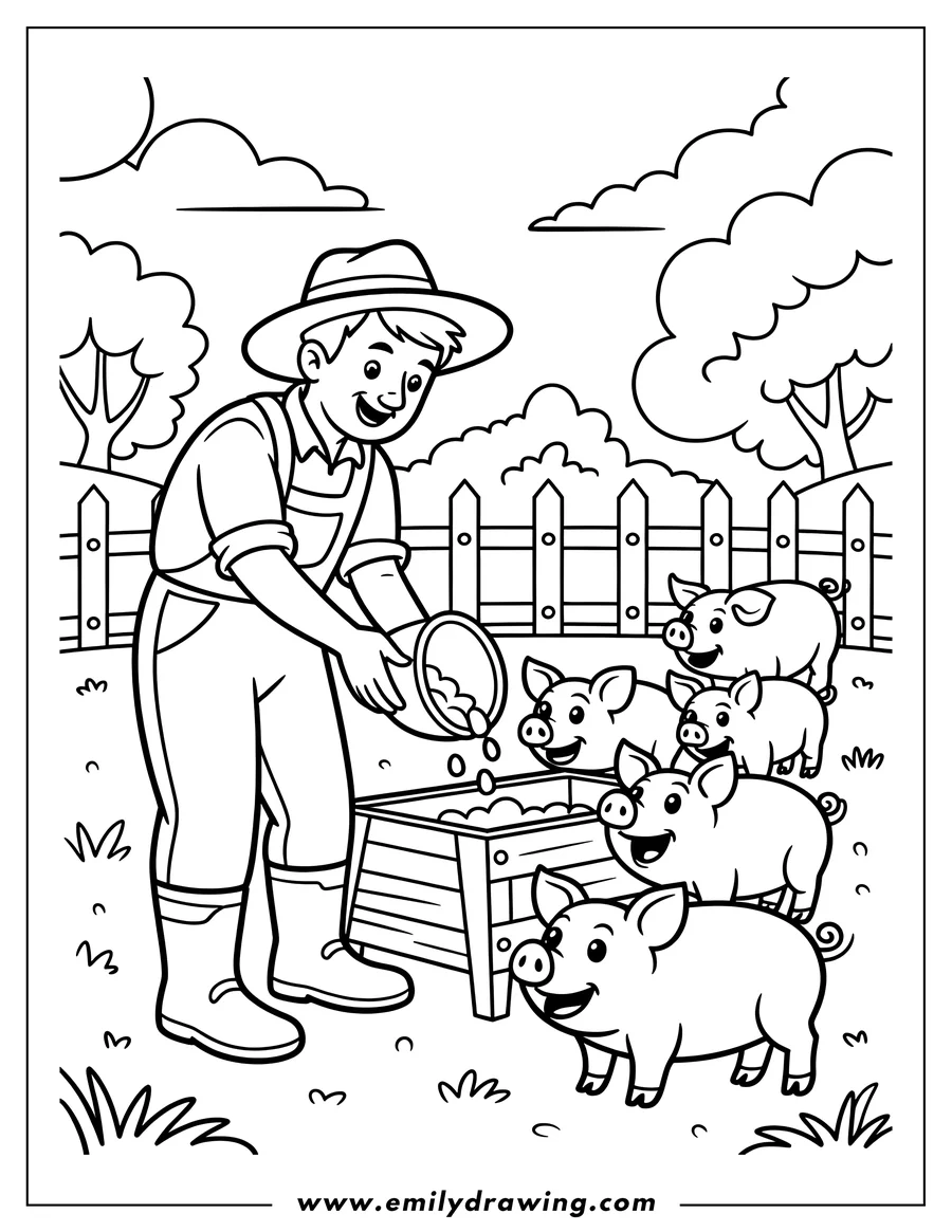 Line art of a farmer pouring food into a trough for four piglets. A wooden fence and trees are in the background.