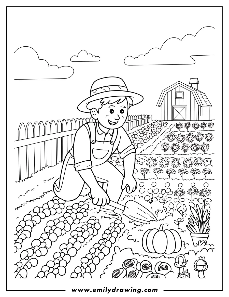 Line art of a farmer tending his garden.  He is planting vegetables.  A barn and fence are in the background.