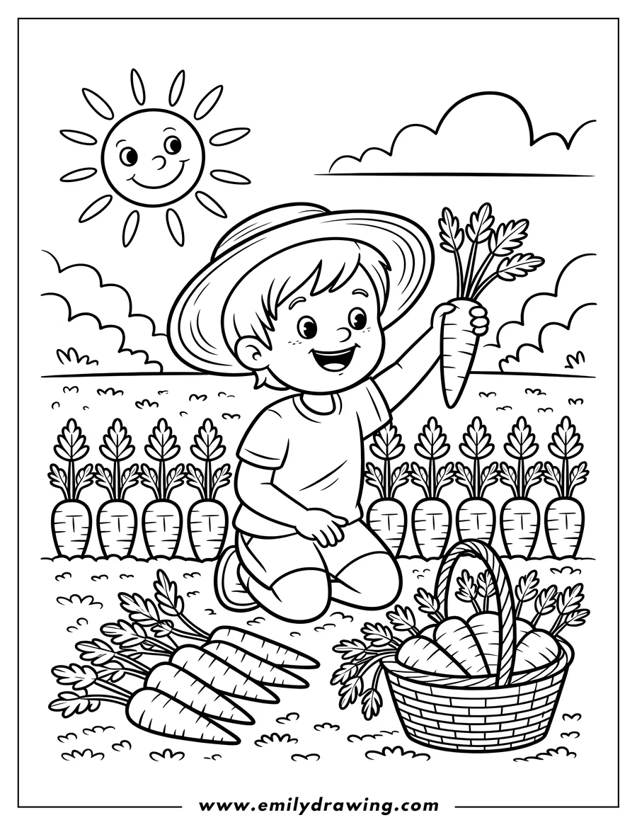 Line art of a young farmer harvesting carrots in a sunny garden. The farmer, wearing a hat, kneels beside a basket filled with carrots and holds a freshly picked carrot. Rows of carrots grow in the ground behind him.
