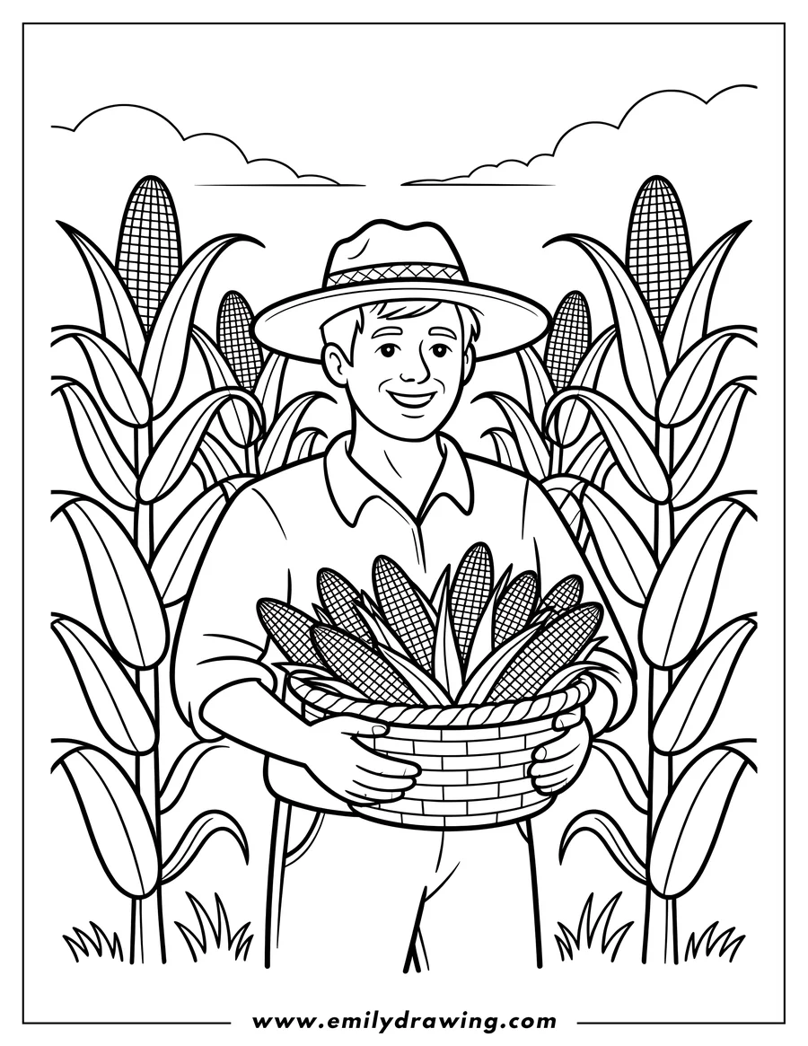 Line art of a farmer wearing a hat and holding a basket full of corn in a cornfield.