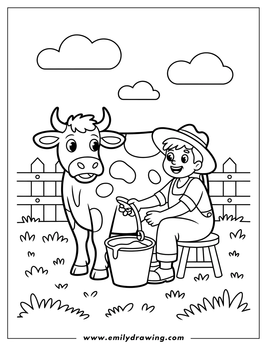 Line art of a farmer milking a spotted cow by a fence.